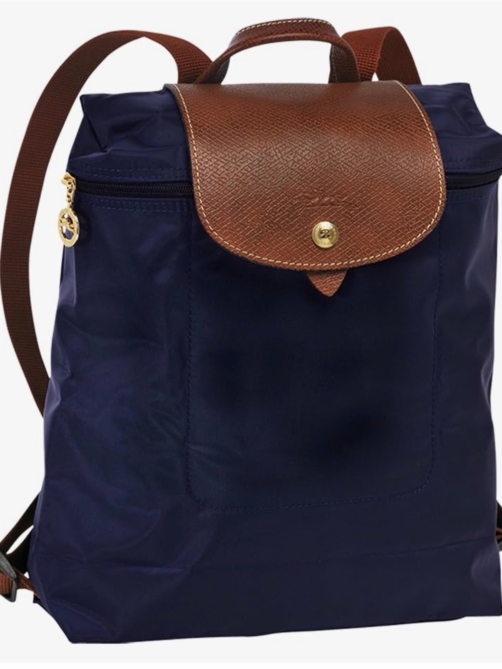 Longchamp Le Pliage Backpack Navy and Brown Nylon Backpack with Leather Flap